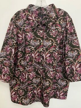 Chadwicks Button Down Shirt Blouse 22W 2X Paisley Green Pink Classic 3/4 Sleeves